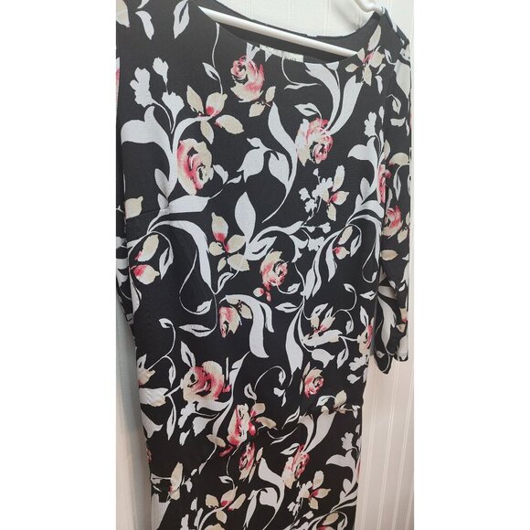White House Black Market Floral Print Black & Pink 3/4 Sleeve Dress With Waist T - Picture 2 of 9
